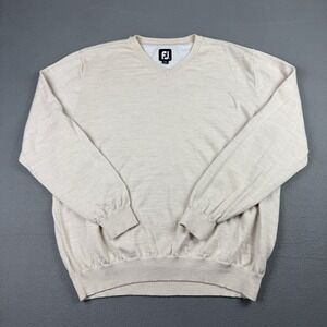 Footjoy Sweater Jumper Golf Men's XL Cream Ivory  V Neck 100% Wool Stain